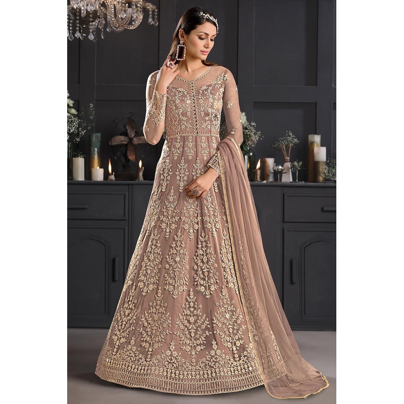 Fawn Mauve Butterfly Net Wedding Anarkali Suit