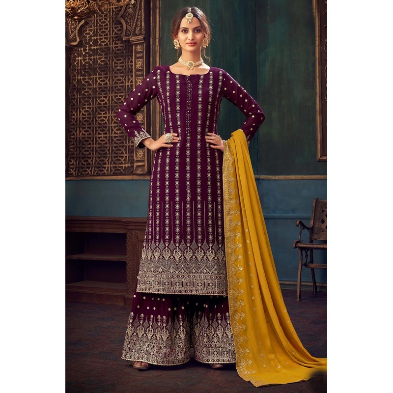 Festive Wine Faux Georgette Pakistani Sharara Suit
