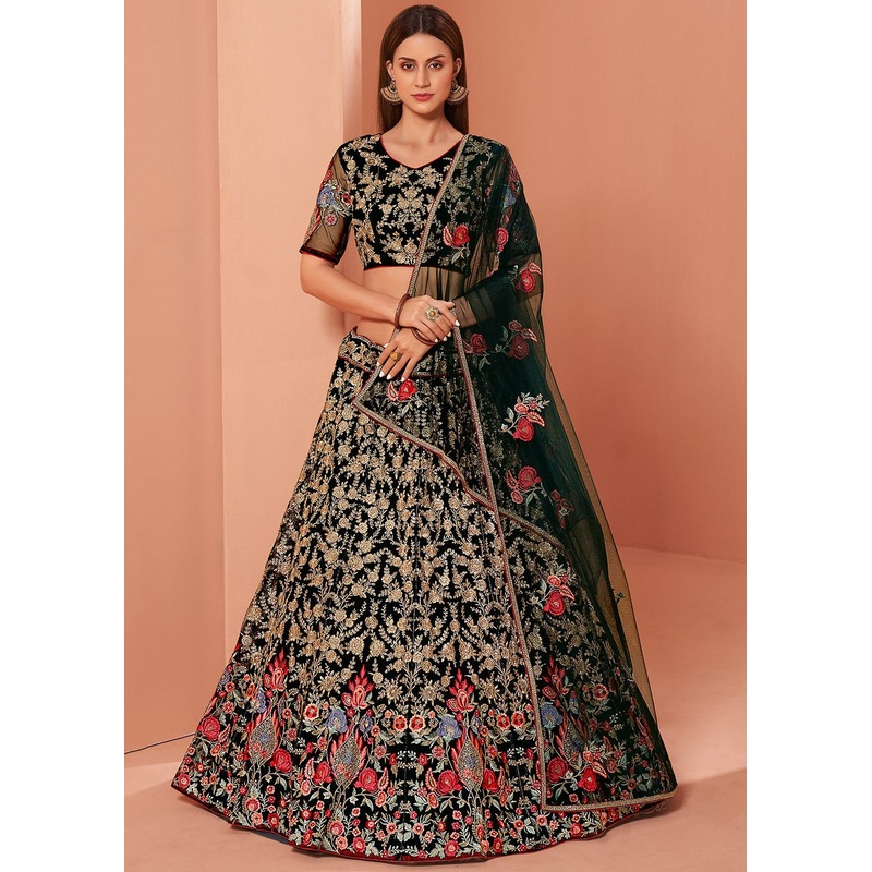 Floral Embroidered Bottle Green Bridal Lehenga Choli