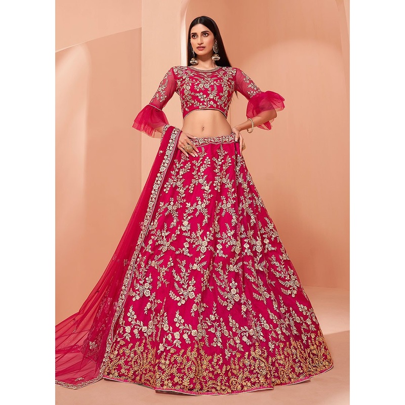 Floral Embroidered Cerise Pink Bridal Lehenga Choli