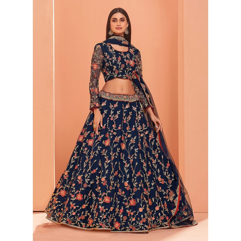 Floral Embroidered Navy Blue Bridal Lehenga Choli