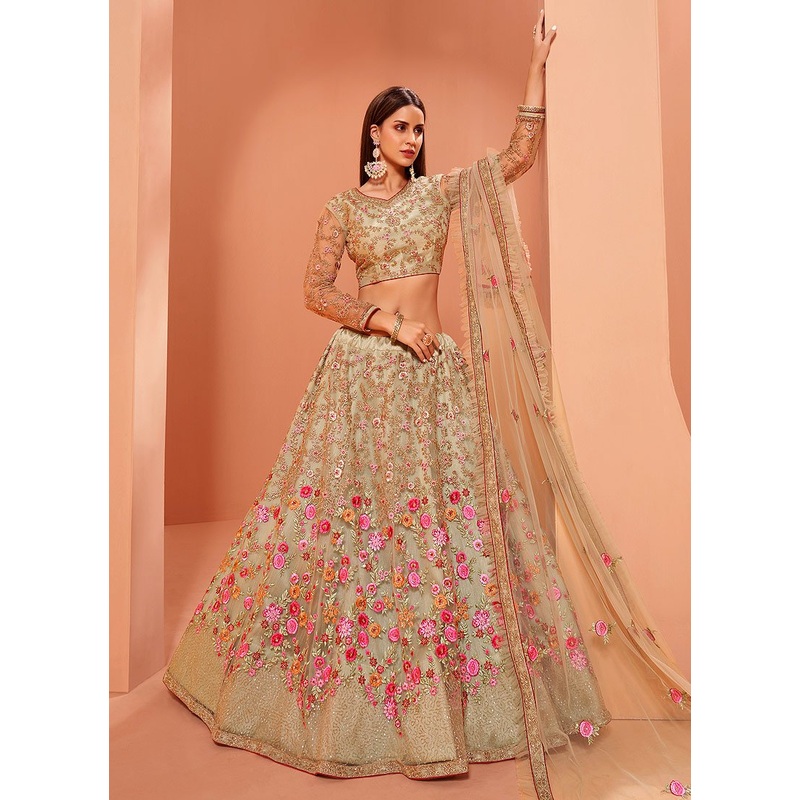 Floral Embroidered Pastel Beige Bridal Lehenga Choli
