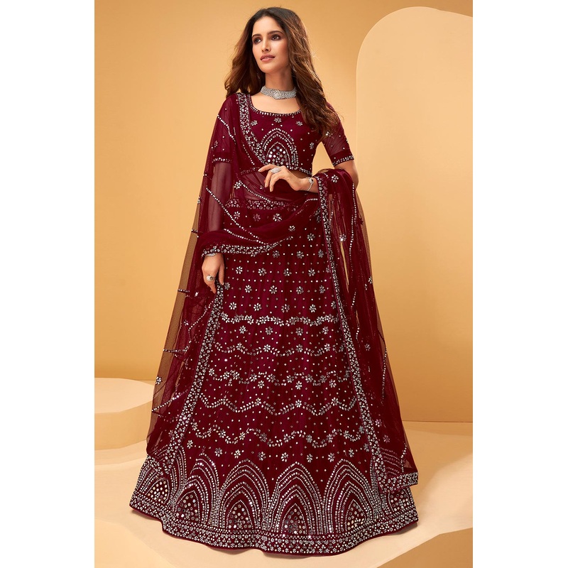 Garnet Maroon Mirror Work Embroidered Wedding Lehenga