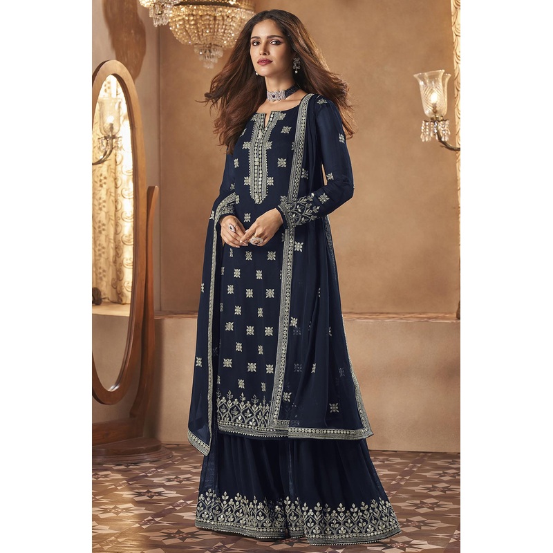 Georgette Navy Blue Mirror Embroidered Sharara Suit