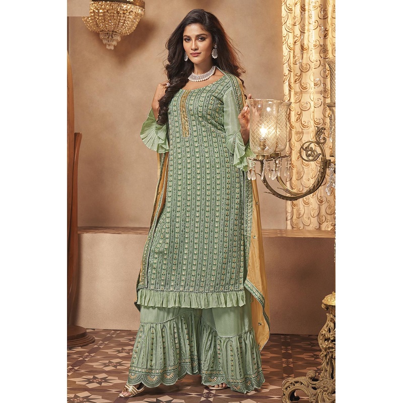 Georgette Pista Green Mirror Embroidered Sharara Suit