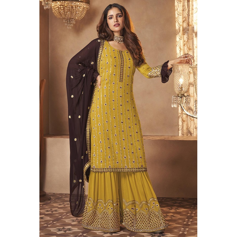 Georgette Sunny Yellow Mirror Embroidered Sharara Suit
