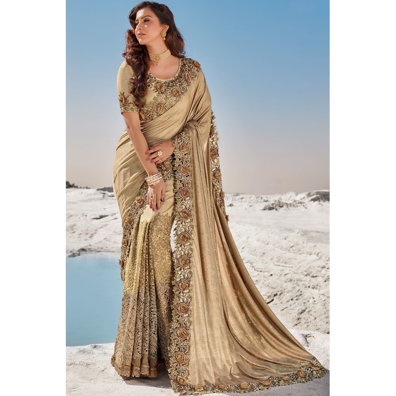 Golden Beige Floral Embroidered Net Saree