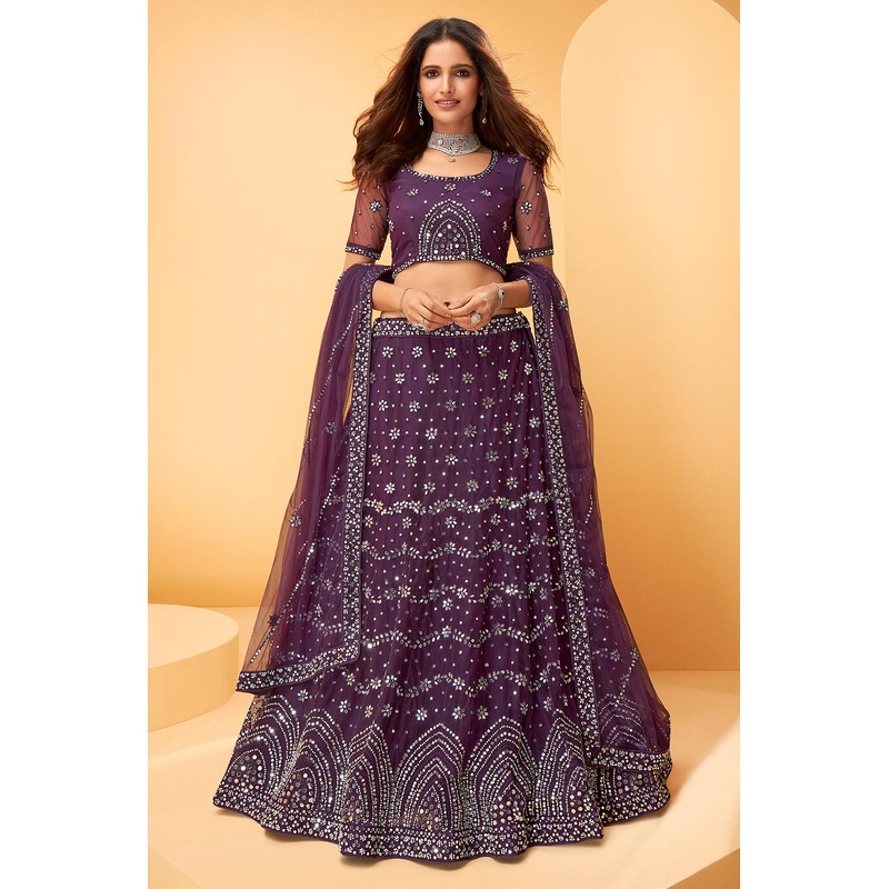 Grape Purple Mirror Work Embroidered Wedding Lehenga