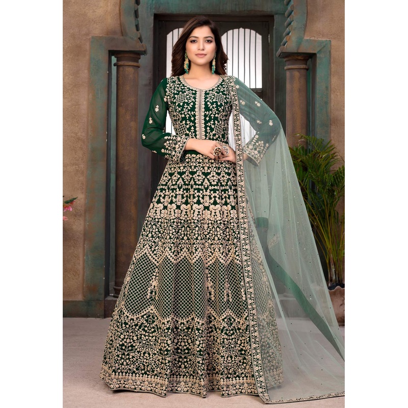 Green Faux Georgette Floor Length Anarkali Suit