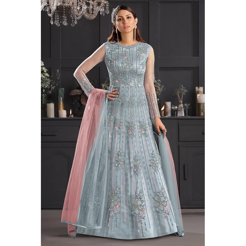 Greyish Blue Butterfly Net Wedding Anarkali Suit