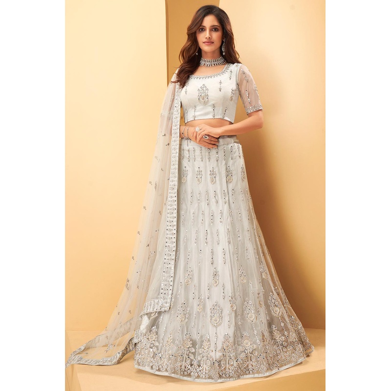 Greyish White Mirror Work Embroidered Wedding Lehenga