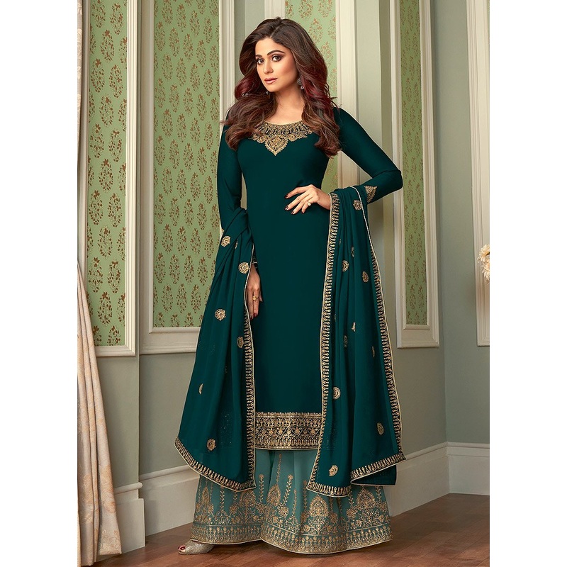 Incredible Teal Shamita Shetty Georgette Palazzo Suit
