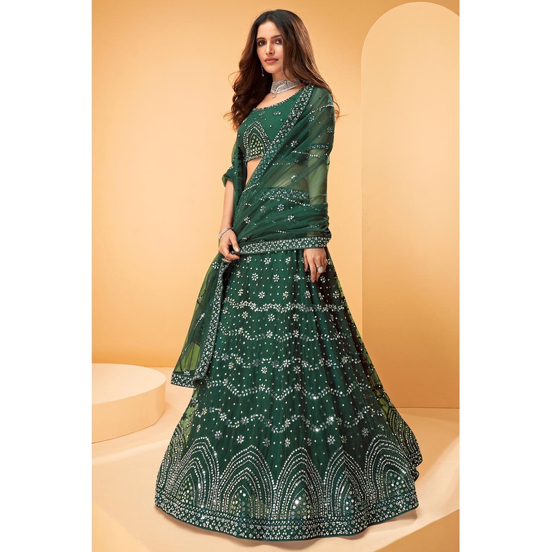 Kaitoke Green Mirror Work Embroidered Wedding Lehenga