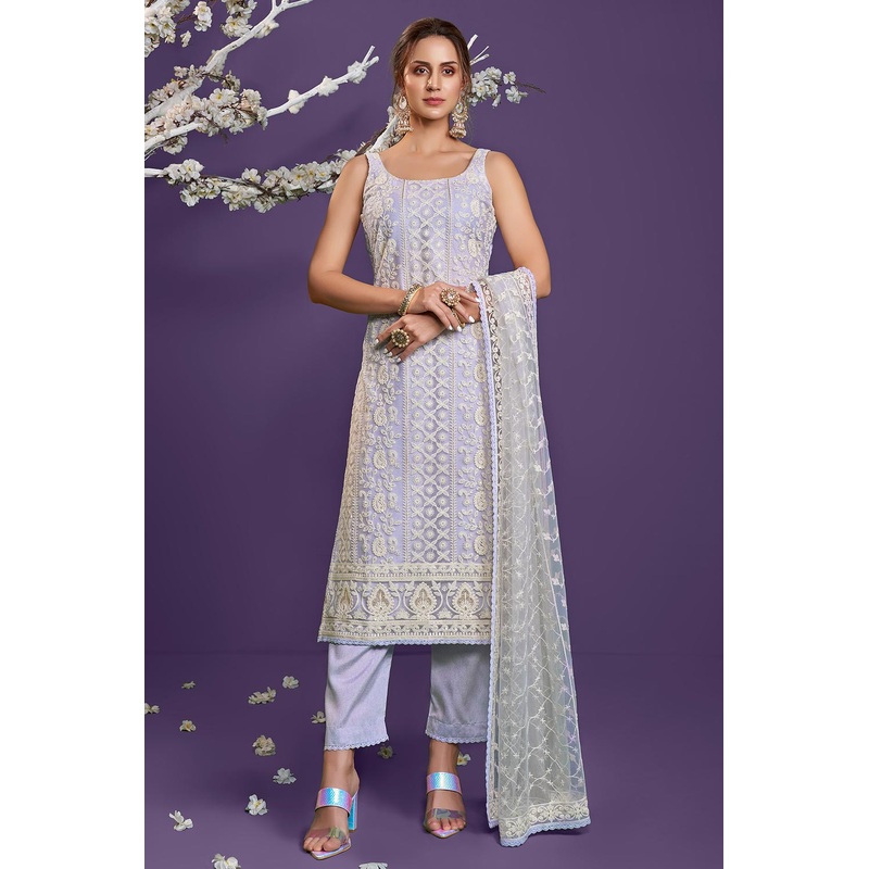 Lavender Lucknowi Chikankari Embroidered Pant Style Suit
