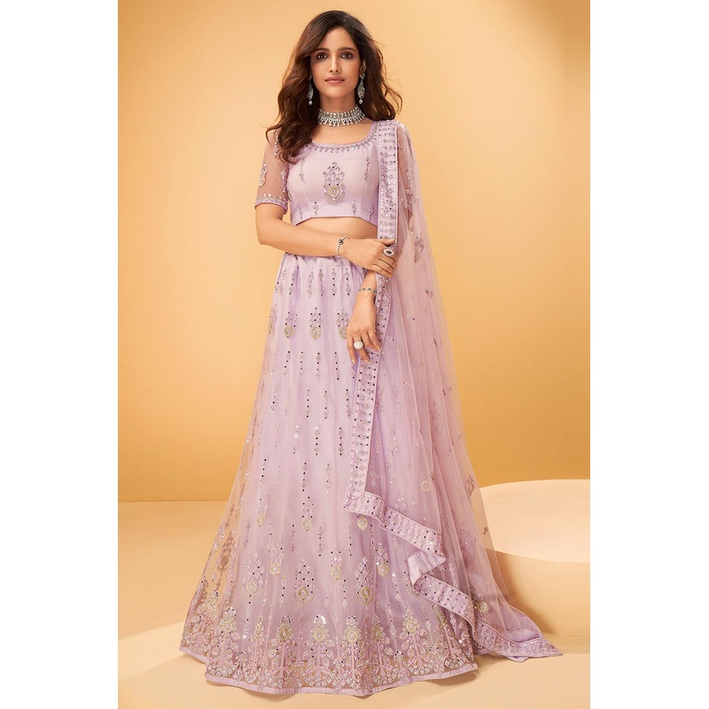 Lavender Pink Mirror Work Embroidered Wedding Lehenga