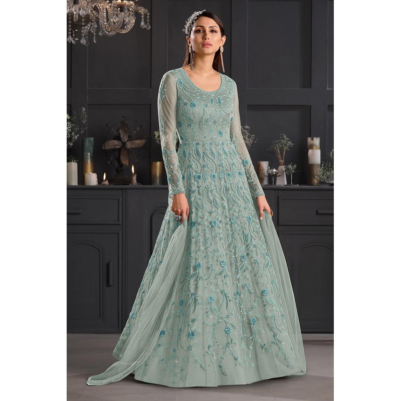 Light Blue Butterfly Net Wedding Anarkali Suit
