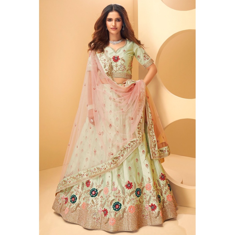 Light Green Heavy Border Silk Bridal Lehenga