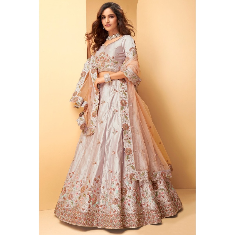 Light Lilac Floral Embroidered Bridal Lehenga