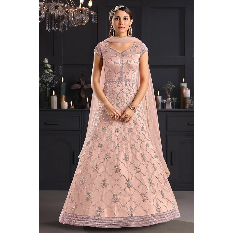 Light Pink Butterfly Net Wedding Anarkali Suit