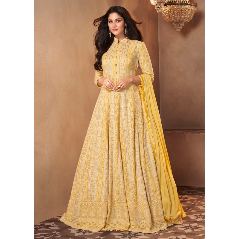 Light Yellow Lucknowi Style Georgette Anarkali Suit