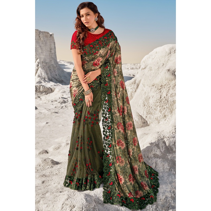 Mahendi Green Floral Embroidered Net Saree