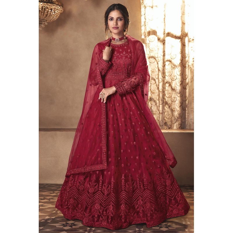 Majestic Red Wedding Thread Embroidered Anarkali Suit