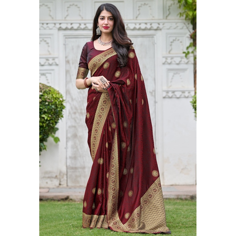 Maroon Weaving Silk Printed Traditional Saree