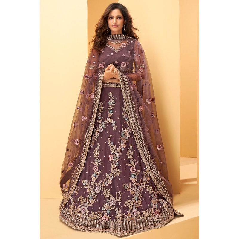 Mauve Purple Floral Embroidered Bridal Lehenga