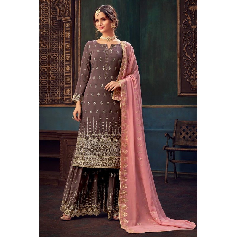 Mauve Taupe Faux Georgette Pakistani Sharara Suit