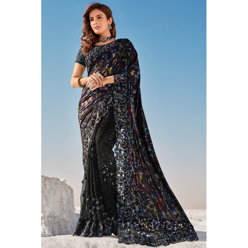 Midnight Black Floral Half N Half Net Saree