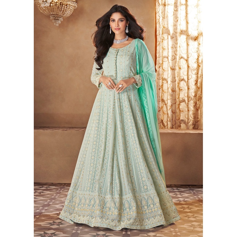 Mint Blue Lucknowi Style Georgette Anarkali Suit