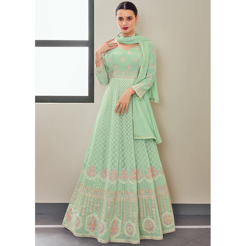 Mint Green Multi Thread Embroidered Anarkali Suit