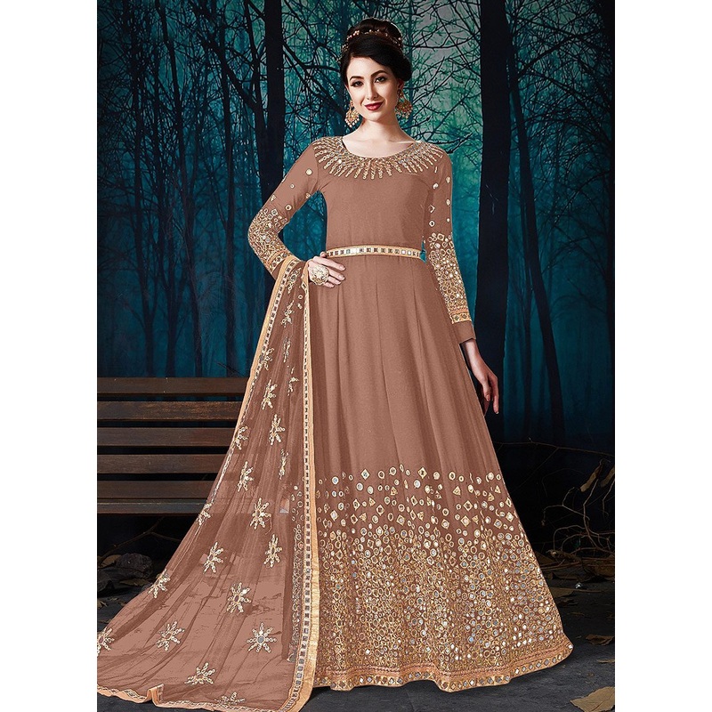 Mirror Work Brown Faux Georgette Anarkali Suit