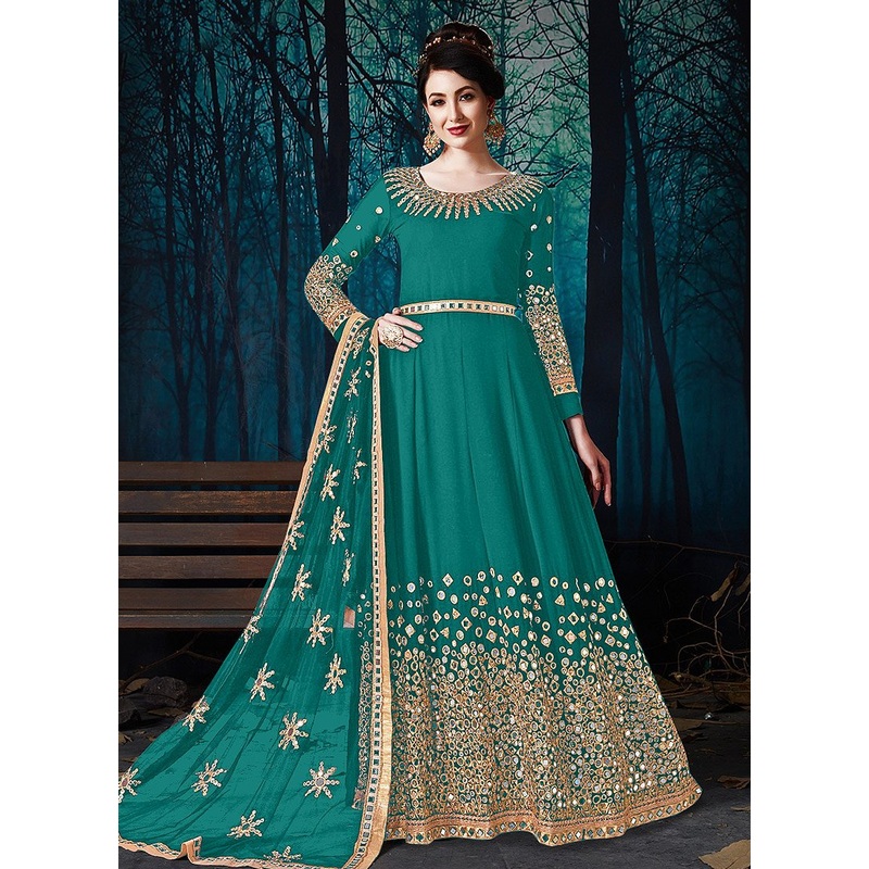 Mirror Work Persian Green Faux Georgette Anarkali Suit