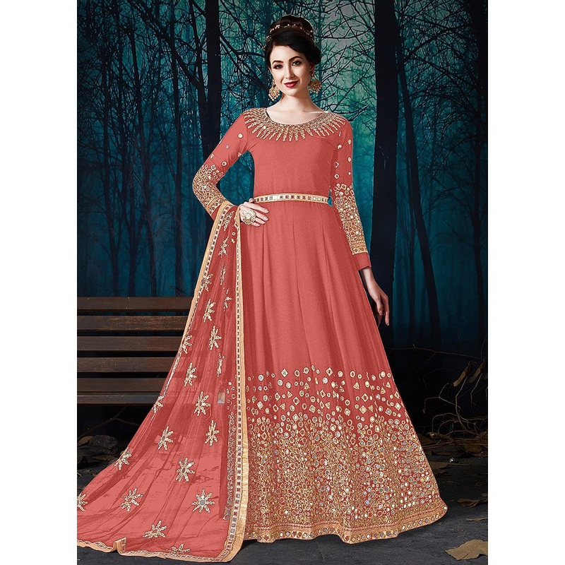 Mirror Work Salmon Orange Faux Georgette Anarkali Suit