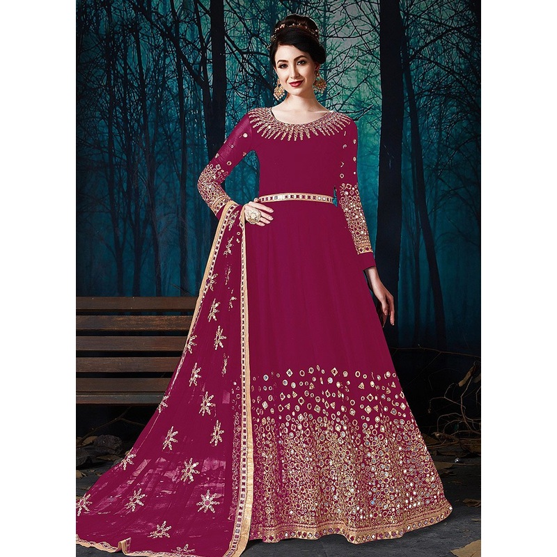 Mirror Work Wine Maroon Faux Georgette Anarkali Suit