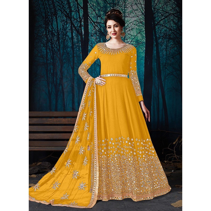Mirror Work Yellow Faux Georgette Anarkali Suit