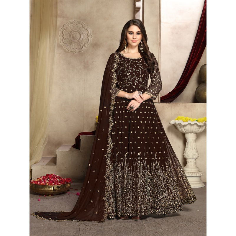 Mocha Brown Heavy Embroidered Georgette Anarkali Suit