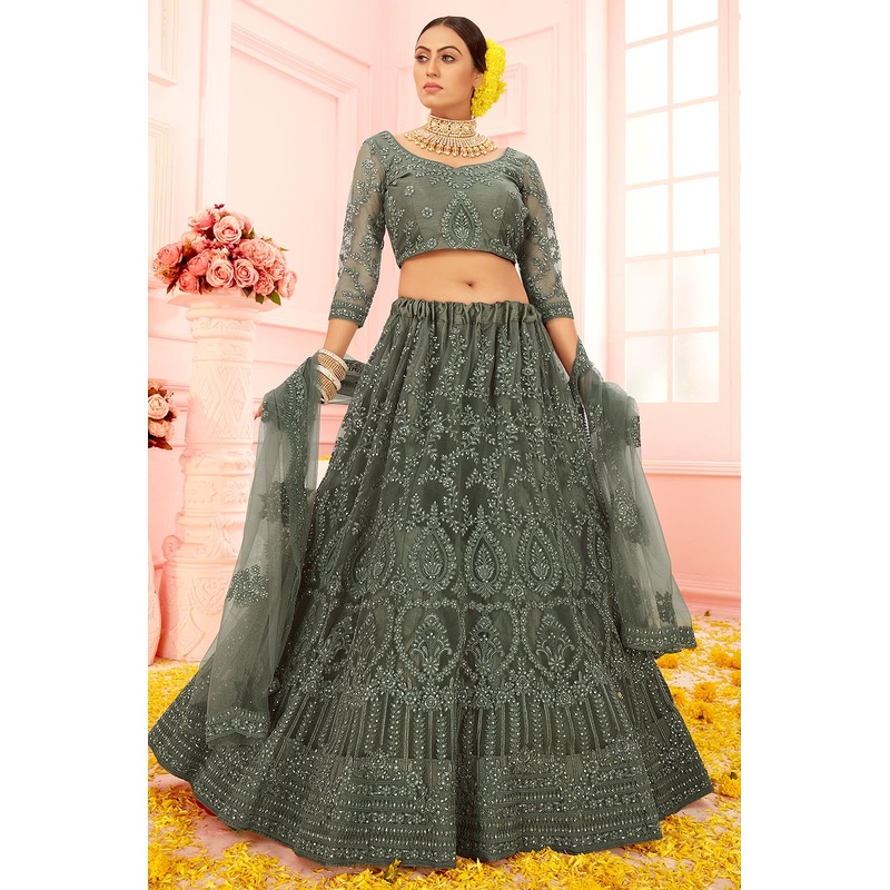 Moss Green Wedding Stone Embroidered Lehanga
