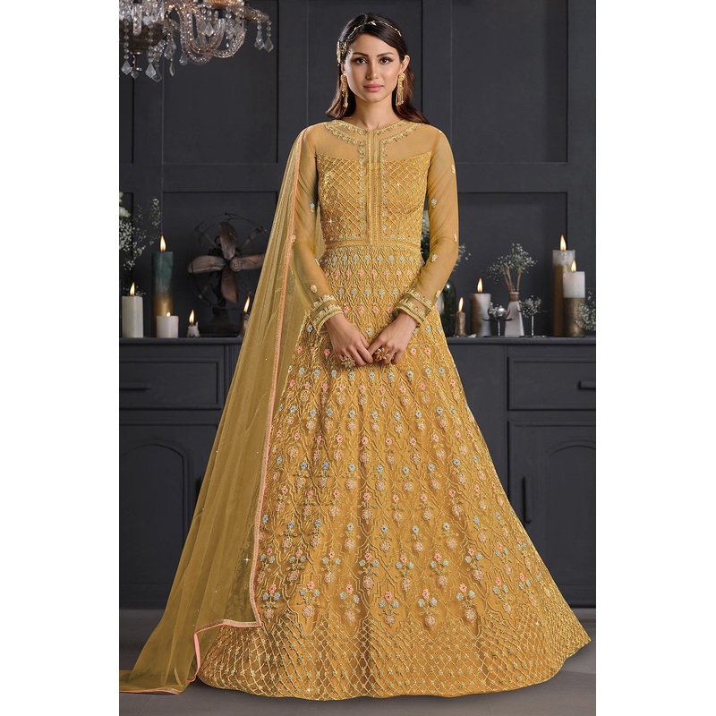 Mustard Yellow Butterfly Net Wedding Anarkali Suit