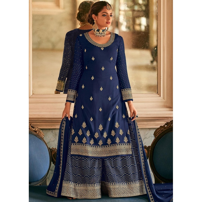 Navy Blue Stone Work Embroidered Georgette Sharara Suit