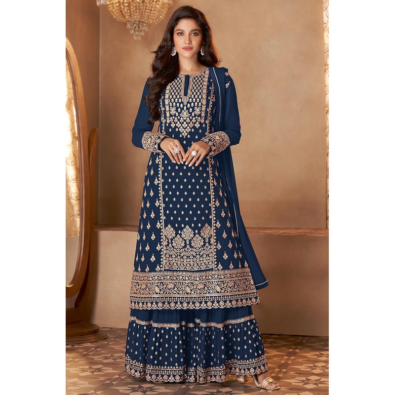 Navy Blue Straight Cut Georgette Designer Sharara Suit