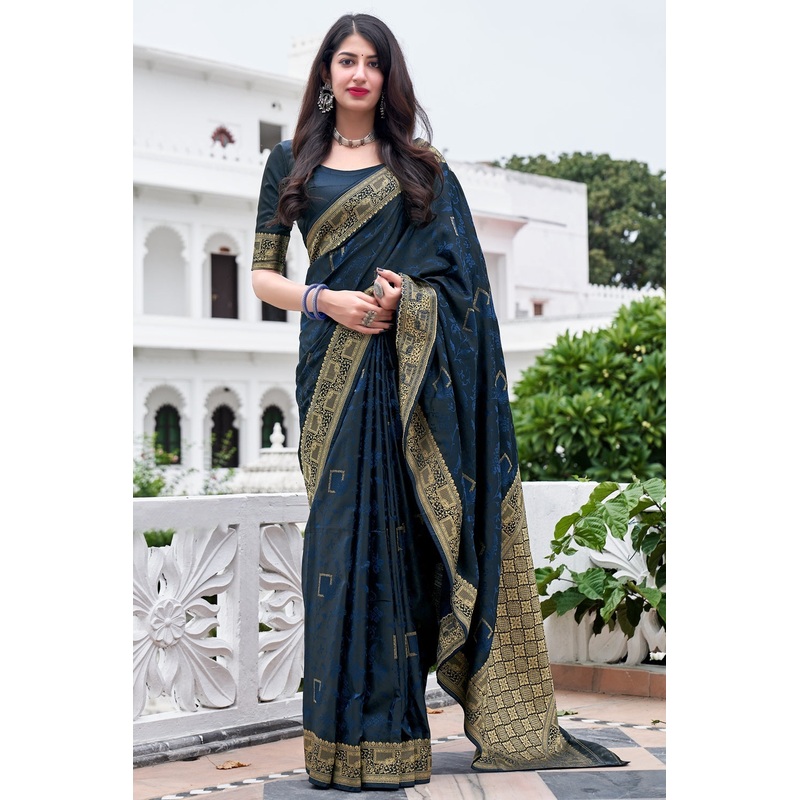 Navy Blue Weaving Silk Printed Traditional Saree