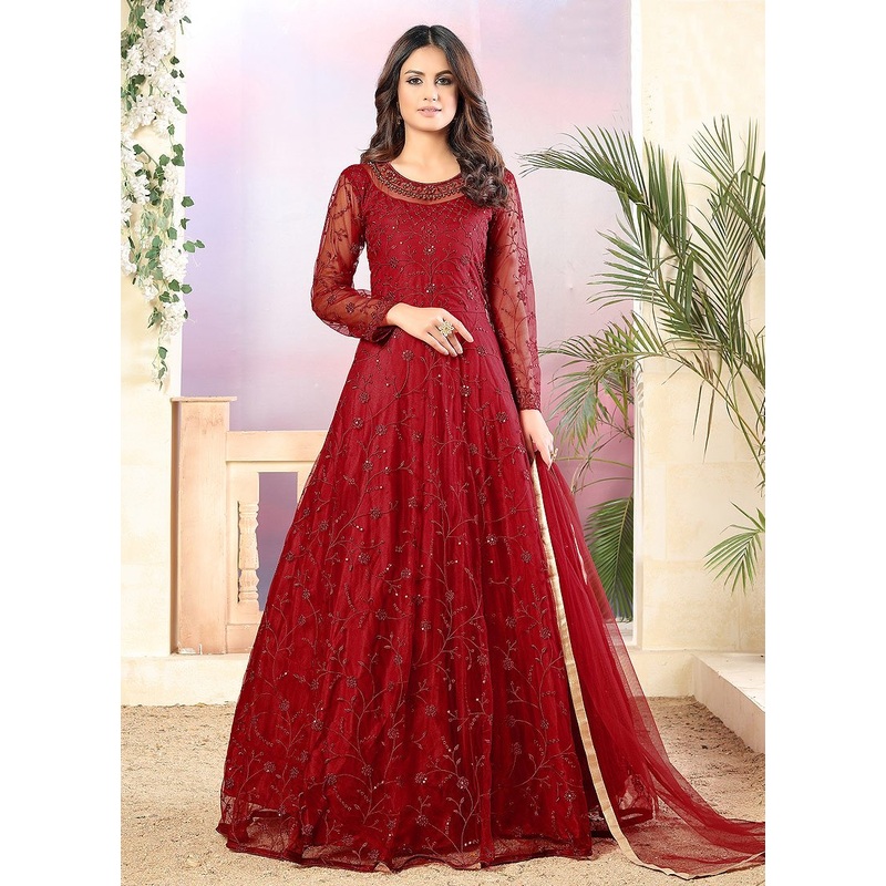 Net Cherry Red A Line Embroidered Anarkali Suit