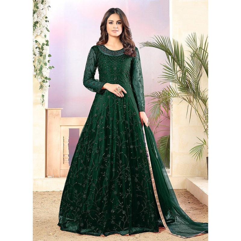 Net Dark Green A Line Embroidered Anarkali Suit