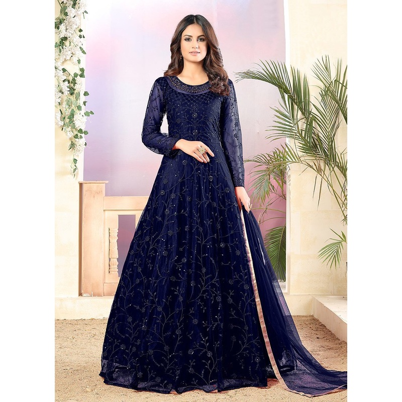Net Navy Blue A Line Embroidered Anarkali Suit