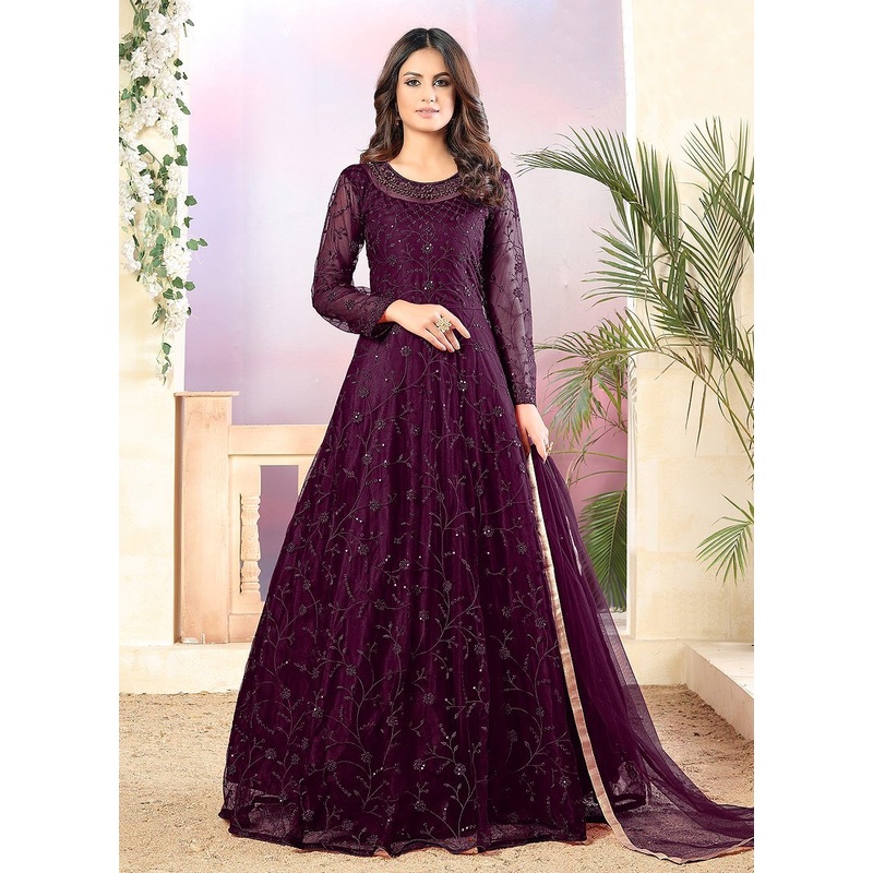 Net Plum Purple A Line Embroidered Anarkali Suit
