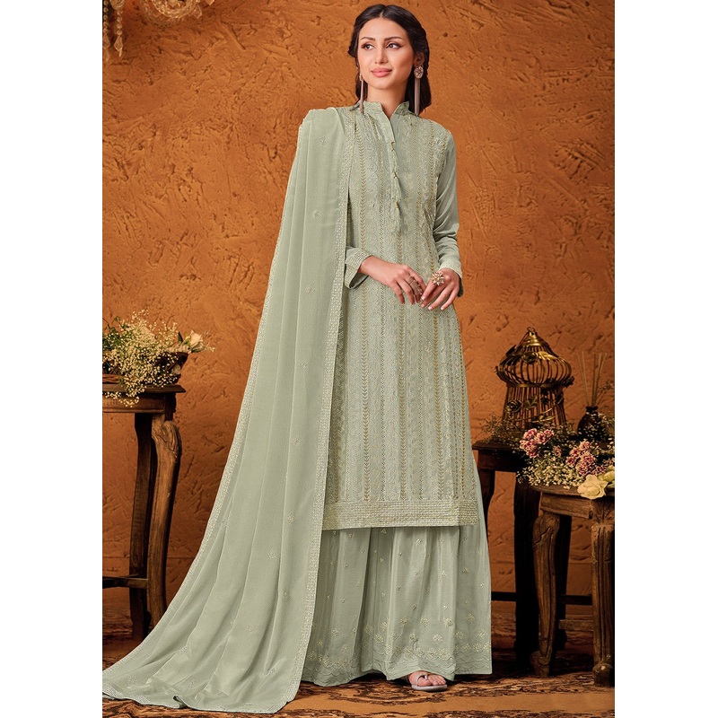 Pastel Green Chiffon Embroidered Sharara Suit