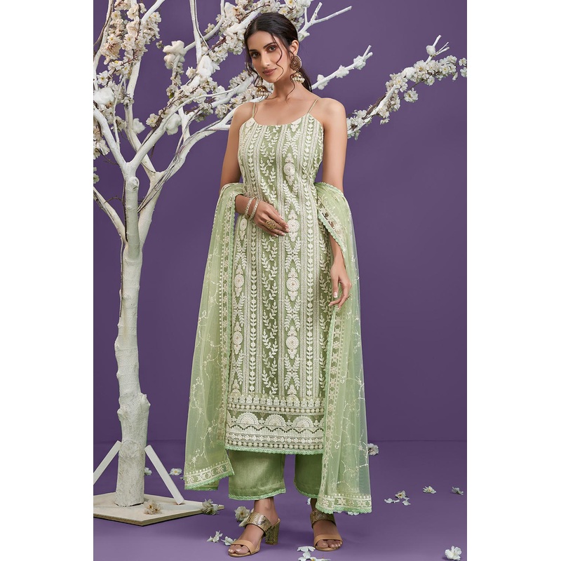 Pista Green Lucknowi Chikankari Embroidered Pant Style Suit