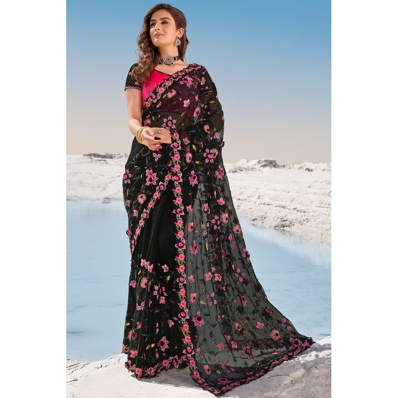 Pitch Black Floral Embroidered Net Saree